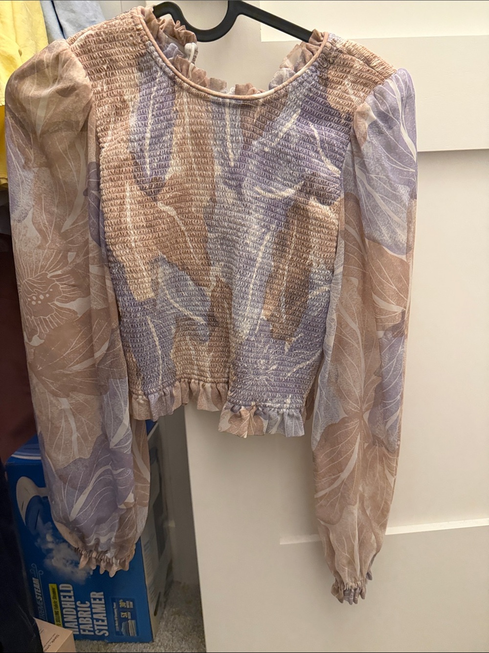 Wilfred Beige and Lavender Smocked Floral Blouse